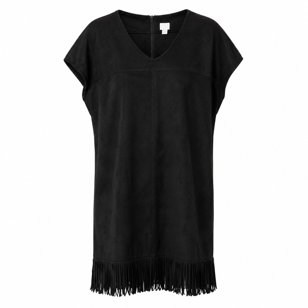 Chicos‎ Black Faux Suede Fringe Hem V-Neck Shift Dress Size 3 XL Western Cowgirl